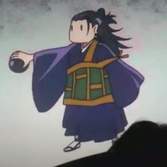 an animated image of a man with long hair holding a ball in one hand and wearing a purple robe on the other