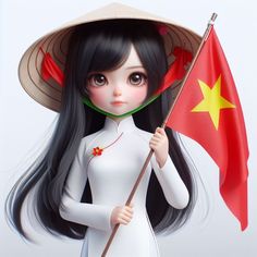 a doll with long black hair holding a vietnamese flag and wearing a straw hat on top of her head