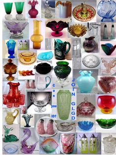 many different colored glass vases and bowls are arranged in a collage with numbers