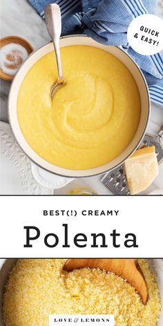 a bowl filled with creamy polenta next to a spoon