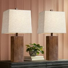 two lamps on top of a table with a potted plant