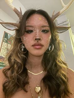 deer fawn doe makeup costume for halloween How To Make Deer Ears, Deer Nose Makeup, Rudolph Costume For Women, Goat Halloween Costume, Fawn Makeup Deer, Dear Makeup Halloween, Doe Makeup Look, Deer Makeup Aesthetic, Rain Deer Makeup