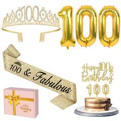 a birthday cake, gold balloons, and tiara with the number 100 on it