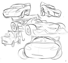 some cars that are drawn in pencil on white paper, with one car behind the other