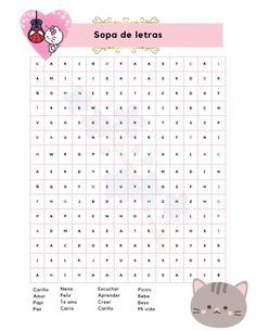 a spanish word search with a cat on it's face and the words in spanish are