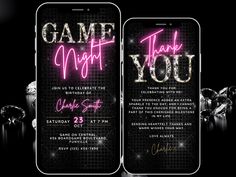 two cell phones with neon lights on them and the words game night you written in pink