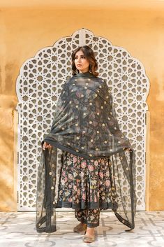 Cotton Grey Floral Print Anarkali Suit Set with Embroidered Dupatta Traditional Drape Palazzo Set With Printed Motifs, Multicolor Anarkali Palazzo Set With Sheer Dupatta, Anarkali Palazzo Set With Dupatta For Festivals, Eid Anarkali Sharara With Sheer Dupatta, Anarkali Sharara With Straight Kurta And Dupatta, Anarkali Lehenga With Printed Motifs, Semi-stitched Anarkali Palazzo Set With Dupatta, Navratri Georgette Sets With Printed Motifs, Festive Printed Georgette Sharara