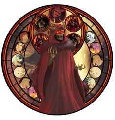 a stained glass window with an image of a demon in the center and many heads on it