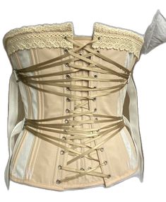 Cream Underbust Corset For Wedding, Beige Underbust Corset Dress, Fitted Beige Corset With Corset Back, Beige Lace Fitted Corset, Fitted Beige Boned Bodice, Beige Fitted Underbust Corset, Cream Overbust Corset With Corset Back, Fitted Underbust Beige Corset, Beige Underbust Corset Dress With Corset Back