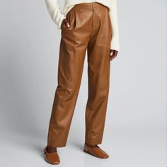 Vince 100% Leather Pants. Mid Rise. Straight To Tapered Legs. Full Length. Hook/Zip Fly. Imported. Size 12 Long 43” Hip 22” Waist 17” Luxury Brown Workwear Pants, Formal Leather Brown Bottoms, Formal Brown Leather Bottoms, Formal High-waisted Leather Pants, Leather Bottoms For Work With Straight Hem, Leather Tapered Leg Pants For Work, Leather Pants With Belt Loops For Work, High-waisted Leather Pants For Business Casual, Luxury Brown Workwear Bottoms