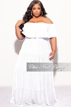 Stretch dress Off shoulders Short sleeves No closure 96% polyester 4% spandex Hand wash cold Model is wearing a 2X Off Shoulder Long Sleeve Dress, Plus Size Off The Shoulder, Chic And Curvy, Tiered Maxi Dress, Stretch Dress, Plus Size Dresses, Final Sale, Off The Shoulder, White Dress