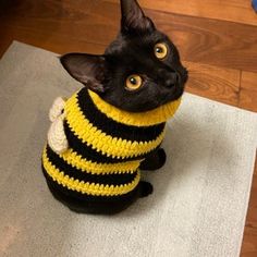 a black cat wearing a yellow and black striped sweater on top of a white rug