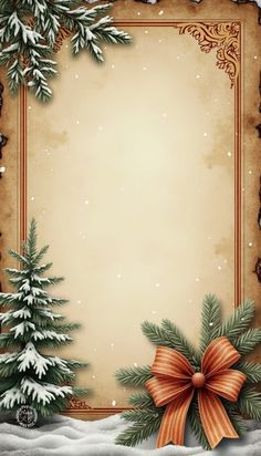 an old fashioned christmas card with pine trees and bows on it's edges, in the snow