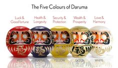 the five colours of daumra are shown in different styles and colors, including red, yellow, blue, black, white