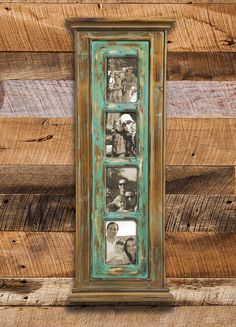 an old photo frame hanging on the side of a wooden wall with four pictures in it