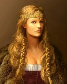 a painting of a woman with long blonde hair wearing a tiara and braids