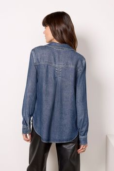 Finished in soft dark-wash denim, this Cloth & Stone button-down features a relaxed silhouette with patch chest pockets and a curved high-low hem. Wear it tucked into a skirt, or style it with jeans for a denim-on-denim look. | CLOTH AND STONE Women's Denim Shirt, Size Medium, Blue Denim On Denim Looks, Cloth And Stone, Womens Denim Shirt, A Skirt, Dark Wash Denim, High Low Hem, Denim Shirt, Medium Blue, Denim Women