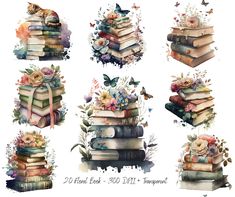 a bunch of books that are stacked on top of each other with flowers and butterflies around them