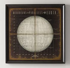 a framed map of the earth with coordinatess and lines on it's surface