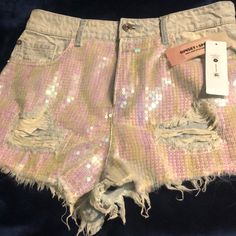 Bnwt Sunset + Spring Distressed Light Washed Denim Shorts With Iridescent Sequins Size 27 Fitted Distressed Jean Shorts For Spring, Trendy Cotton Jean Shorts For Night Out, Fitted Cotton Jean Shorts For Night Out, Trendy Cotton Shorts For Night Out, Summer Distressed Bottoms For Night Out, High Waisted Cotton Jean Shorts For Night Out, Distressed Jeans For Summer Night Out, High-waisted Jean Shorts For Night Out In Spring, Trendy Jean Shorts For Night Out In Spring