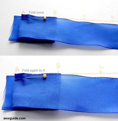 two pictures showing how to sew the edge of a piece of blue fabric with pins