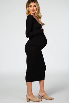 Mocha V-Neck Long Sleeve Fitted Maternity Maxi Dress – PinkBlush Maternity Party Wear, Pregnant Party Dress, Maternity Work Clothes, Long Sleeve Maternity Dress, Maternity Black Dress, Maternity Maxi Dress, Casual Maternity, Maternity Maxi, Long Sleeve Knit Dress