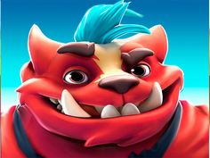 an animal character with blue hair, wearing a red shirt and looking at the camera