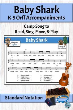 the baby shark song is displayed in front of a poster with an image of a guitar and