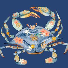 a painting of a blue crab with flowers on it's back and claws out