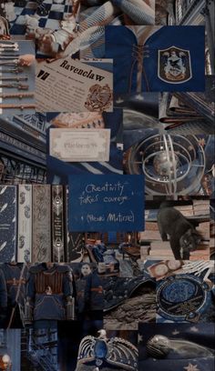 collage of blue and white items with words on them