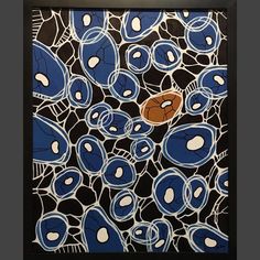 a blue and black painting with white dots on it