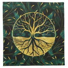 a gold and green painting with a tree in the center