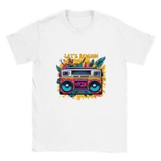 A classic unisex t-shirt that works well with any outfit. Complete with colourful graphic of a ghetto blaster - ideal for fun loving retro types! Made of a heavier cotton with a double-stitched neckline and sleeves.- Rolled-forward shoulders for a better fit- Stylish fitted sleeve- Seamless double-needle collar- Taped neck and shoulders for durability- Tubular fit for minimal torque. This product is made on demand. No minimums. Fun 80's Retro gift for him | Fun 80's Retro gift for her | Ghetto Blaster | Boombox | Vintage Audio | Retro Music 80s Nostalgia | Hip Hop Style | Urban Fashion | Old-School Technology | Cassette Player | Portable Stereo | Urban Streetwear | Audio Cassette | Music Mixtape | Hip Hop Beats | Breakdancing Culture | Radio Cassette Player | Graphic Boombox Design | Beat White Retro Print T-shirt For Streetwear, Urban Street Style Hip Hop, 90s Graphic Print T-shirt For Music Festival, Retro Screen Print T-shirt For Music Festival, Retro Graphic T-shirt For Music Festival, Retro Graphic Design T-shirt For Music Festival, 90s Retro Print T-shirt For Streetwear, Retro Short Sleeve T-shirt For Music Festival, Retro Crew Neck T-shirt For Music Festival