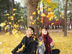 two people sitting on the ground in front of a tree with leaves falling from it