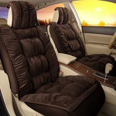 the interior of a car with brown leather seats