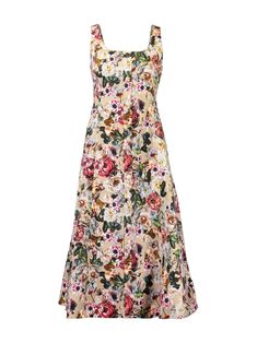 multicolour stretch-cotton all-over floral print fabric-covered buttons scoop neck front button fastening sleeveless A-line skirt straight hem mid-length Floral Print Square Neck Maxi Dress For Daywear, Square Neck Floral Midi Dress For Daywear, Spring Midi Dress With Floral Print And Straight Neckline, Floral Print Midi Dress With Straight Neckline For Spring, Multicolor Floral Print Dress With Straight Neckline, Multicolor Floral Print Sleeveless Dress For Garden Party, Multicolor Floral Print Dresses With Straight Neckline, Floral Print A-line Sleeveless Sundress, Multicolor Square Neck Floral Dress