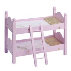 a pink wooden bunk bed with gold stars on the top and bottom shelf, against a white background