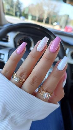 Blue White And Pink Nails, Pastel Nails Inspiration, Pink And White Nail Designs Acrylics, White And Pastel Nails, Square Nails Design Ideas Summer, Nail Blue And Pink, Nails Ideas Pink And White, Blue Pink Nails Design, White Colour Nails