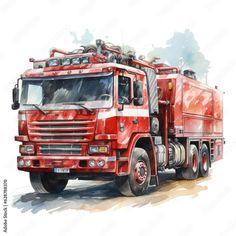 a watercolor painting of a red fire truck