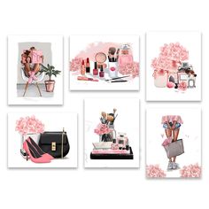 four pictures with pink flowers and various items on the same page, all in different styles