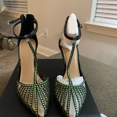 Inc 3 Inch Heel Green Lime Green Rhinestones- Black Pat And Leather W/ Some Transparent Color Brand New 9.5 Green Embellished Heels For Evening, Embellished Green Heels For Evening, Green High Heels With Rhinestones, Formal Heels With Rhinestone Rivets, Green Rhinestone Party Heels, Formal High Heels With Rhinestone Rivets, Formal Green Heels With Rhinestones, Elegant Evening Heels With Rhinestone Rivets, Evening Heels With Rhinestone Rivets And Round Toe