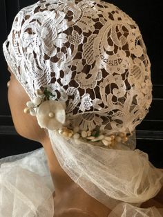 1920s Lace and Wax Bud Bridal Cloche | Etsy Wedding Bonnet With Lace Trim, Adjustable Lace Wedding Bonnet, Vintage Wedding Bonnet With Lace Trim, Vintage Adjustable Wedding Headpiece, Vintage Cloche Wedding Headpiece, Vintage Cloche Fascinator For Wedding, Vintage Wedding Cloche Headpiece, Fitted Vintage Bonnet For Wedding, Bohemian Adjustable Fascinator For Weddings