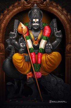 a painting of a hindu god sitting on a throne with his hands in the air