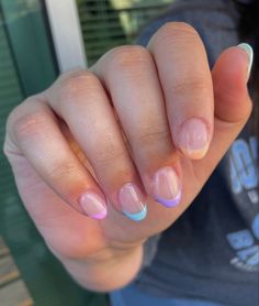 Fake Nails Almond Shape Short, Colored French Tip Short Nails, Colored French Tip Gel Nails Short, Short French Tip Acrylic Nails Round With Design, Preppy Nails For Kids, Nails Acrylic Round Short, French Nails For Kids, Nail Inspo For 10 Yo, Summer French Tips Short