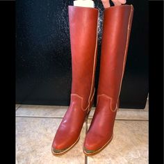 Brand New Vintage Women Zodiac Red Or Rust Color Riding Boots Size 6.5 Will Fit 6- 6.5 Marks And Flaws On Boots From Shifting In Box During Storage And Shelf Wear Red Leather Wide Calf Boots, Red Wide Calf Leather Boots, Red Knee-high Boots Medium Width, Medium Width Closed Toe Red Boots, Red Medium Width Closed Toe Boots, Red Medium Width Boots, Red Leather Boots Medium Width, Red Leather Boots Standard Fit, Superhero Boots