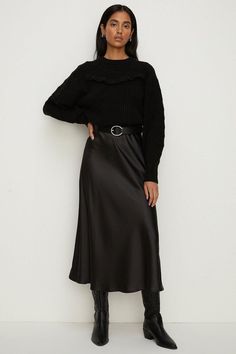 Style: Midi SkirtDesign: Plain Satin Midi Skirt Outfit Evening, Black Bias Skirt Outfit, Black Silk Midi Skirt Outfit, Black Satin Midi Skirt Outfit, Silk Midi Skirt Outfit, Satin Midi Skirt Outfit, Black Satin Skirt Outfit, Satin Skirt Black, Teaching Fits