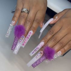 Long Acrylic Nails With Puff Ball, Acrylic Nails With Pom Pom, X Long Acrylic Nails, Pompom Nails, Baddie Birthday Nails Long, Zodiac Sign Nails, Exotic Birthday Nails, Taurus Nails