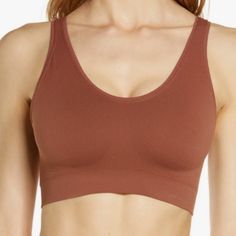 New With Tags Brown Stretchy Padded With Removable Pads Pull-On Xs Sporty Medium Support Bra For Loungewear, Soft Touch Sports Bra With Stretch, Sports Bra With Soft Touch Stretch, Seamless Shaping Activewear For Yoga, Shaping Seamless Activewear For Yoga, Yoga Activewear With Seamless Shaping Construction, Workout Stretch Bra With Soft Touch, Workout Bra With Soft Touch And Stretch, Stretch Sports Bra With Soft Touch For Relaxation