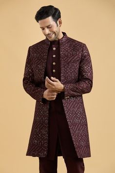 Black sherwani featuring floral thread embroidery all over highlighted with sequin. Paired with a solid kurta and a pant. - Aza Fashions Diwali Nehru Jacket With Resham Embroidery For Reception, Bandhgala With Resham Embroidery For Reception Navratri, Resham Embroidered Bandhgala For Reception Navratri, Reception Sherwani With Chikankari Embroidery For Navratri, Embroidered Bandhgala For Navratri Reception, Embroidered Bandhgala For Reception And Navratri, Eid Nehru Jacket With Dupatta For Reception, Traditional Drape Sherwani For Reception Navratri, Traditional Drape Sherwani For Reception And Navratri