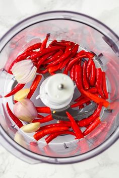 red peppers and garlic in a food processor